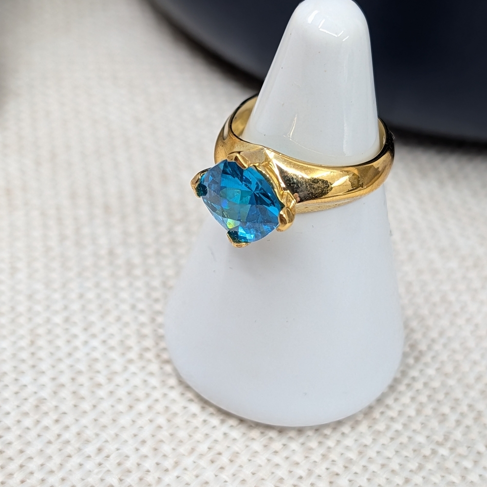 Vintage 925 Sterling Silver Gold Vermeil Statement Ring Faceted Blue Stone Sz 6 - Picture 10 of 16